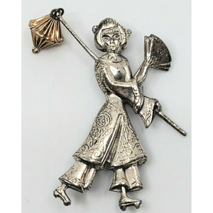 Vintage Lang Pin Brooch Sterling Silver Japanese Asian Geisha with Lamp